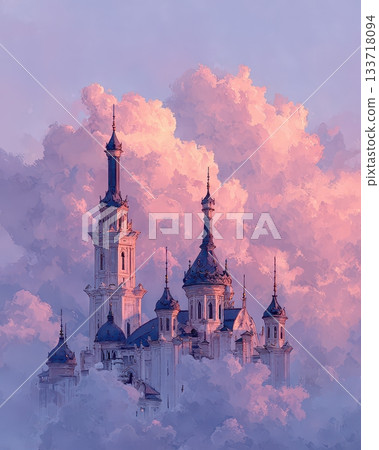 Dreamy Castle Surrounded by Soft Clouds in a Pastel Sky 133718094