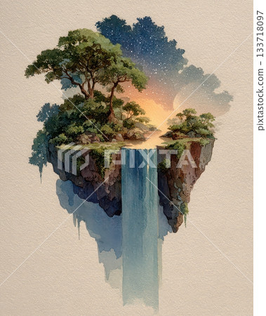 Serene Waterfall Under Starry Sky with Lush Floating Landscape Serene Waterfall Under Starry Sky with Lush Floating Landscape 133718097