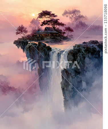 Serene Waterfall with Tranquil House and Scenic Mountainscape Serene Waterfall with Tranquil House and Scenic Mountainscape 133718098