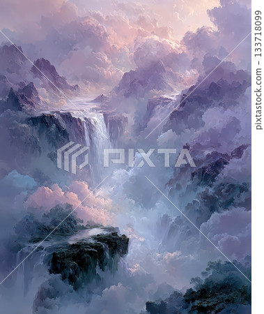 Ethereal Waterfall Amidst Misty Mountains and Colorful Clouds Ethereal Waterfall Amidst Misty Mountains and Colorful Clouds 133718099