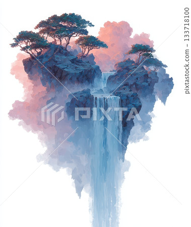 Majestic Waterfall Surrounded by Lush Trees and Dreamy Clouds Majestic Waterfall Surrounded by Lush Trees and Dreamy Clouds 133718100