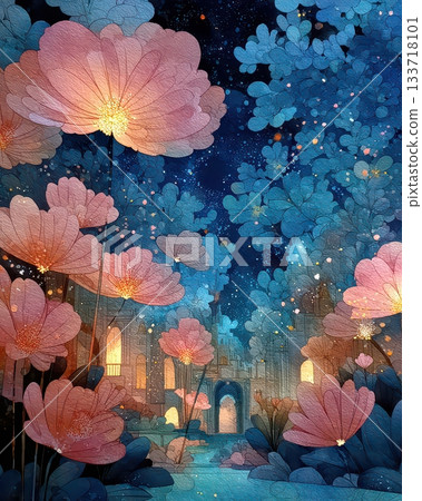 Enchanted Garden with Vibrant Flowers and Starry Night Sky Enchanted Garden with Vibrant Flowers and Starry Night Sky 133718101