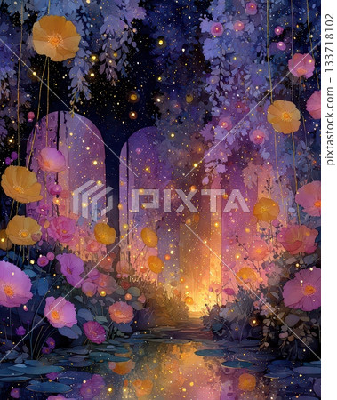 Enchanted Garden with Flowers and Magical Starry Background Enchanted Garden with Flowers and Magical Starry Background 133718102