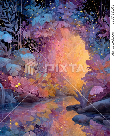 Enchanted Iridescent Forest with Sparkling Water Reflection Enchanted Iridescent Forest with Sparkling Water Reflection 133718103
