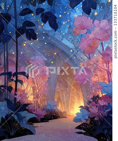 Enchanted Garden Pathway with Vibrant Flowers and Soft Glow Enchanted Garden Pathway with Vibrant Flowers and Soft Glow 133718104