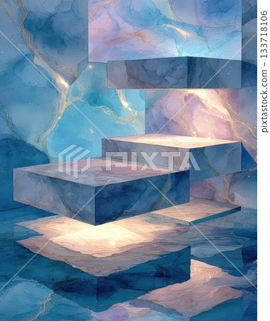 Abstract Blue Marble Blocks with Light Reflections in Water Surface Abstract Blue Marble Blocks with Light Reflections in Water Surface 133718106