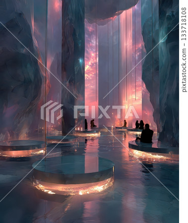 Serene Fantasy Landscape with Reflections and Tranquil Atmosphere Serene Fantasy Landscape with Reflections and Tranquil Atmosphere 133718108