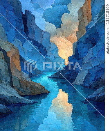 Serene River Flowing Through Colorful Canyon Landscape at Dawn Serene River Flowing Through Colorful Canyon Landscape at Dawn 133718109