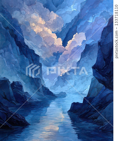 Serene Blue Landscape with Clouds and Peaceful River Reflections Serene Blue Landscape with Clouds and Peaceful River Reflections 133718110