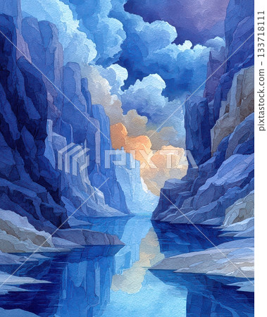 Serene Blue Canyon Landscape with Reflections and Dramatic Clouds Serene Blue Canyon Landscape with Reflections and Dramatic Clouds 133718111