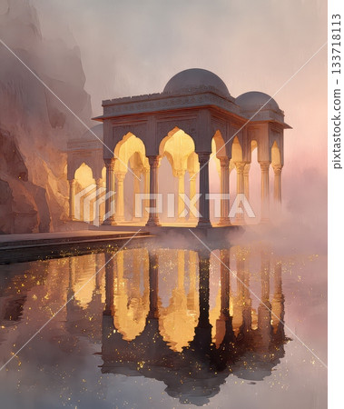 Majestic Pavilion Reflected in Serene Water with Ethereal Glow 133718113
