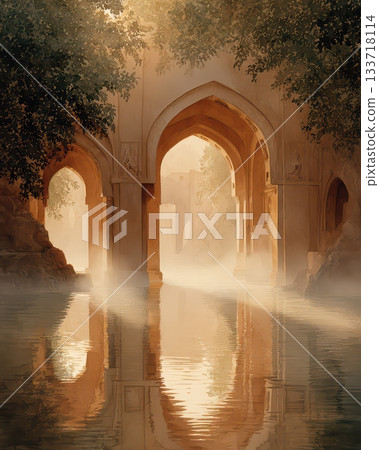 Serene Archways Over Calm Water in a Dreamy Morning Light 133718114