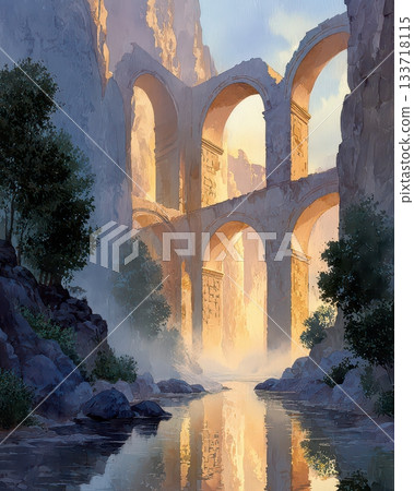 Serene Landscape with Ancient Arches and Reflective Waterway 133718115