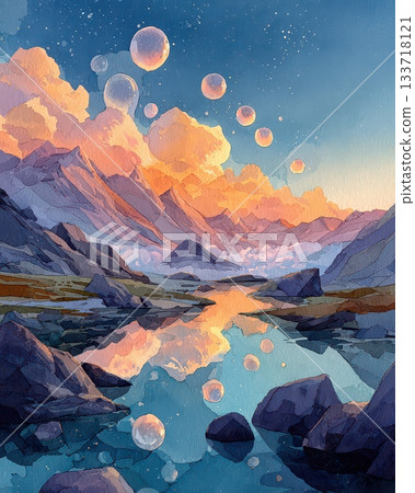 Serene Landscape with Colorful Bubbles in a Mountainous Setting Serene Landscape with Colorful Bubbles in a Mountainous Setting 133718121