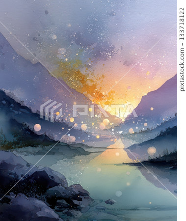 Serene Sunset over Misty Valley with Soft Pastel Hues and Reflections Serene Sunset over Misty Valley with Soft Pastel Hues and Reflections 133718122