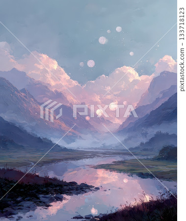 Serene Valley Landscape with Ethereal Clouds and Reflections Serene Valley Landscape with Ethereal Clouds and Reflections 133718123