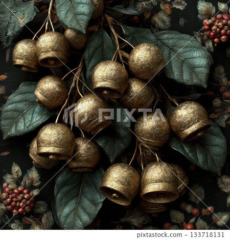 Ornate Golden Bells Hanging Among Lush Green Leaves and Berries 133718131