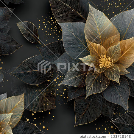Elegant Black and Gold Floral Pattern with Delicate Leaves and Petals Elegant Black and Gold Floral Pattern with Delicate Leaves and Petals 133718148