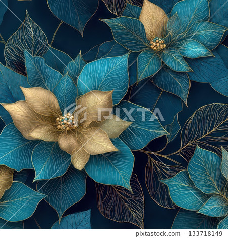 Abstract Floral Design with Blue and Gold Elements on Dark Background Abstract Floral Design with Blue and Gold Elements on Dark Background 133718149