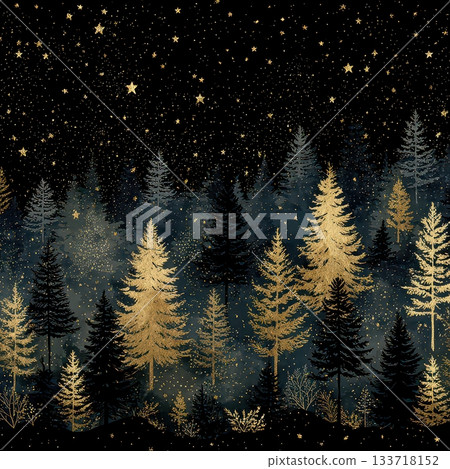 Enchanted Forest at Night with Stars and Golden Trees 133718152