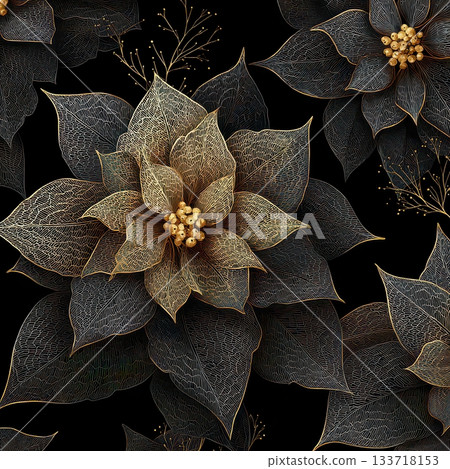 Elegant Floral Pattern with Golden Poinsettias on Black Background 133718153