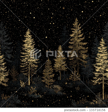 Starry Night Forest with Gold Trees and Black Background Starry Night Forest with Gold Trees and Black Background 133718156