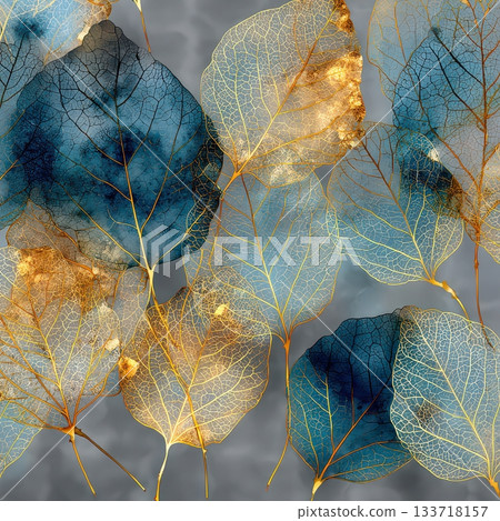 Elegant Leaves with Gold Accents on Soft Gray Background 133718157
