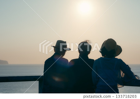 Silhouette of three parents and children watching the sunset Silhouette of three parents and children watching the sunset 133718203