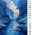 Serene Blue Canyon with Reflective Water and Dramatic Sky Colors 133718217