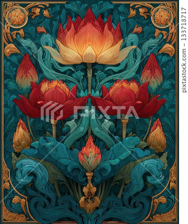 Vibrant Floral Design with Intricate Lotus Patterns and Colors Vibrant Floral Design with Intricate Lotus Patterns and Colors 133718717