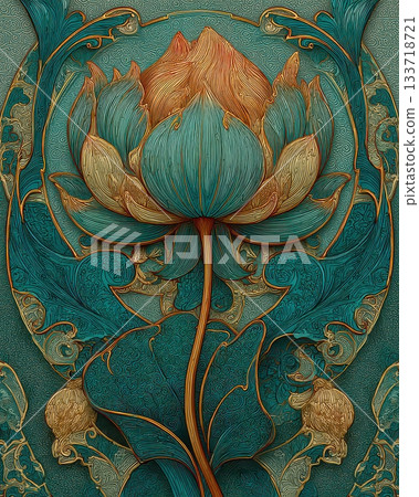 Intricate Floral Design with Vibrant Lotus Flower and Swirling Patterns Intricate Floral Design with Vibrant Lotus Flower and Swirling Patterns 133718721