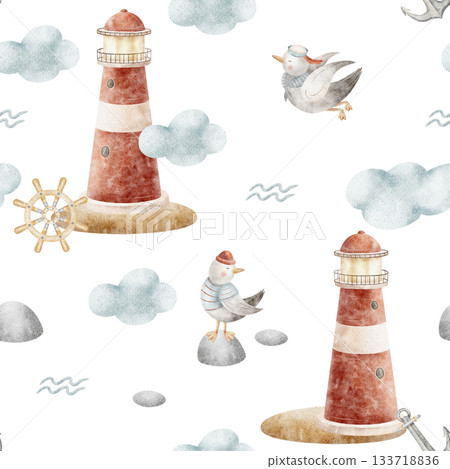 Pattern lighthouse, seagulls sailors flying in clouds. Watercolor illustrations anchor steering wheel hand-drawn in nautical children's style, isolated background for design fabrics clothing wallpaper 133718836