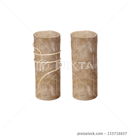 Wooden poles, logs of coastal pier, wrapped rope. Hand-drawn watercolor illustration in nautical style, isolated from background. Elements for design with ocean decor, cards, invitations, greetings 133718837