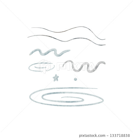 Water waves, swirls, lines, sea drops stars blue colors. Hand-drawn watercolor illustration, elements in childish marine style, isolated from background for design templates frames cards invitations 133718838