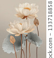 Elegant White Lotus Flowers with Delicate Petals and Leaves 133718858