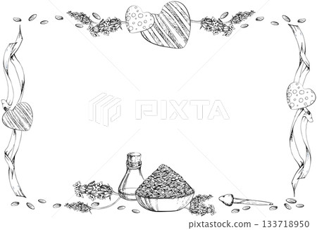 Lavender seeds bowl, essential oil glass vial, hearts embellishment, pipette dropper, streaming serpentine ribbons. Isolated illustration hand drawn in vector ink. Wedding menu or rustic cafe display Lavender seeds bowl, essential oil glass vial, hearts embellishment, pipette dropper, streaming serpentine ribbons. Isolated illustration hand drawn in vector ink. Wedding menu or rustic cafe display 133718950