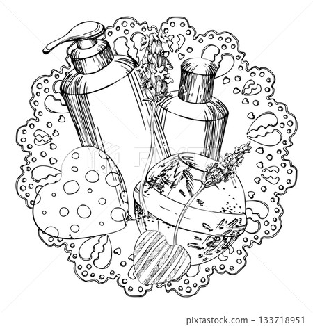 Bath bomb, shampoo gel bottles, lavender lavandula flower sprigs, striped and dotted hearts on round paper doily. Isolated illustration hand drawn in vector ink. Natural skincare solution, spa salon 133718951