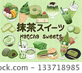 Matcha sweets illustration set (with text, wave pattern background) 133718985