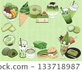 Matcha sweets illustration set (no text, wave pattern background) 133718987