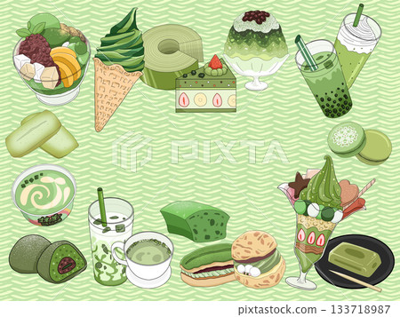 抹茶甜點插畫集(無文字,波浪圖案背景) 抹茶甜點插畫集(無文字,波浪圖案背景) 133718987