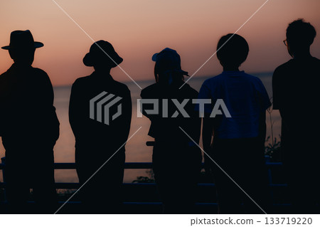 Five silhouettes watching the sunset 133719220
