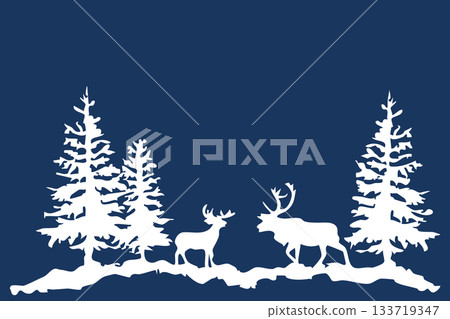 Fir trees and reindeer silhouettes | Winter forest background illustration material Fir trees and reindeer silhouettes | Winter forest background illustration material 133719347