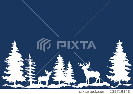 冷杉樹與馴鹿剪影 | 冬季森林背景插畫素材 133719348