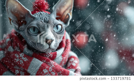 A detailed sphynx cat wrapped in a red winter scarf stares intensely amid falling snow A detailed sphynx cat wrapped in a red winter scarf stares intensely amid falling snow 133719781
