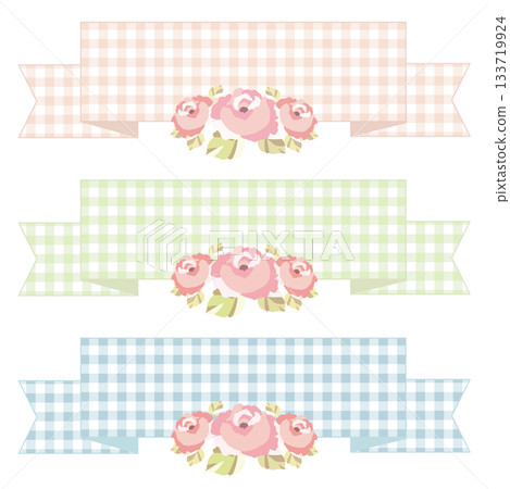一組可愛的玫瑰花和格子花紋絲帶相框。花卉向量圖。 一組可愛的玫瑰花和格子花紋絲帶相框。花卉向量圖。 133719924