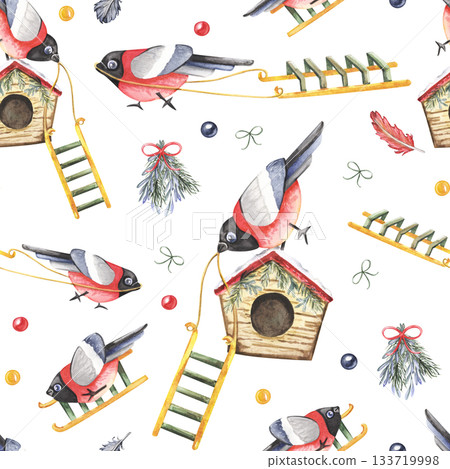 Watercolor winter birds and birdhouses seamless pattern 133719998