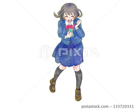 圖：一位女學生正開心興奮地看著她的智慧型手機 133720331