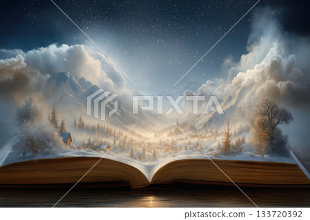 A magical snowy mountain village emerges from the pages of an open book 133720392