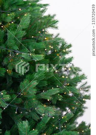 Christmas tree branches decorated with warm glowing lights on white background, winter holiday mood Christmas tree branches decorated with warm glowing lights on white background, winter holiday mood 133720439