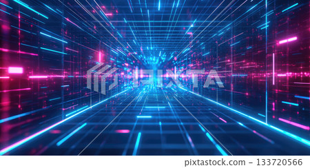 Electric Blue Neon Grid with a Futuristic Digital Glow - Cyber Aesthetic Tech Background Design 133720566